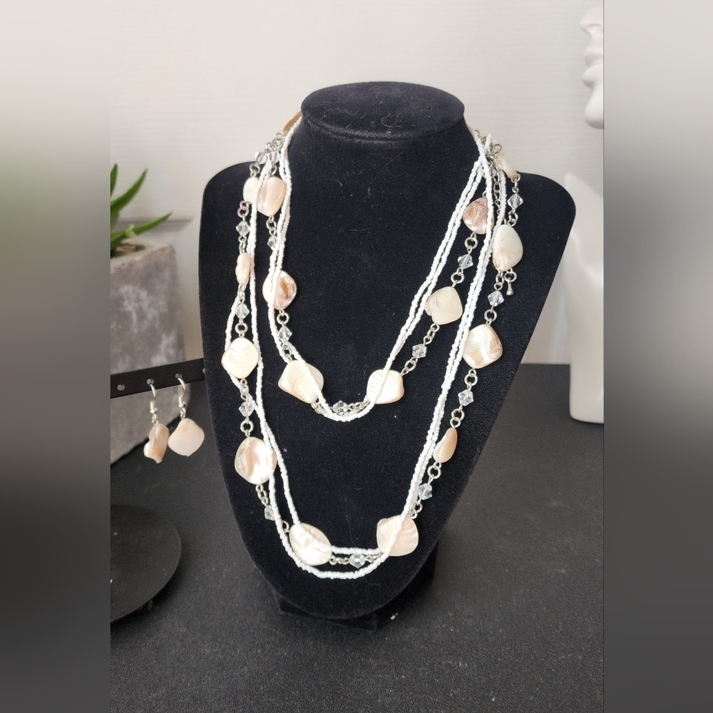 Beachy Natural Shell White Sead Bead and Crystal Long Necklace with Matching Ea…